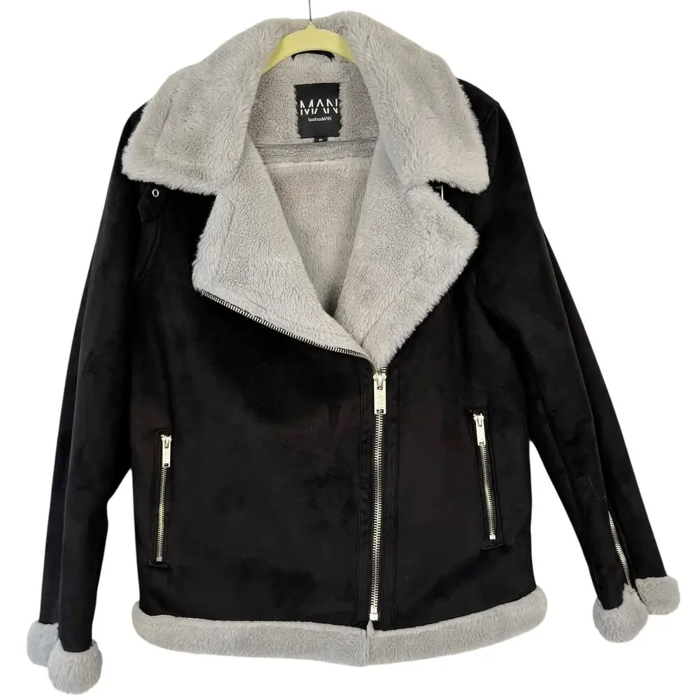 Boohoo Man Black Full Zip Suede Moto Biker Jacket Faux Fur Coat Small Soft Comfy
